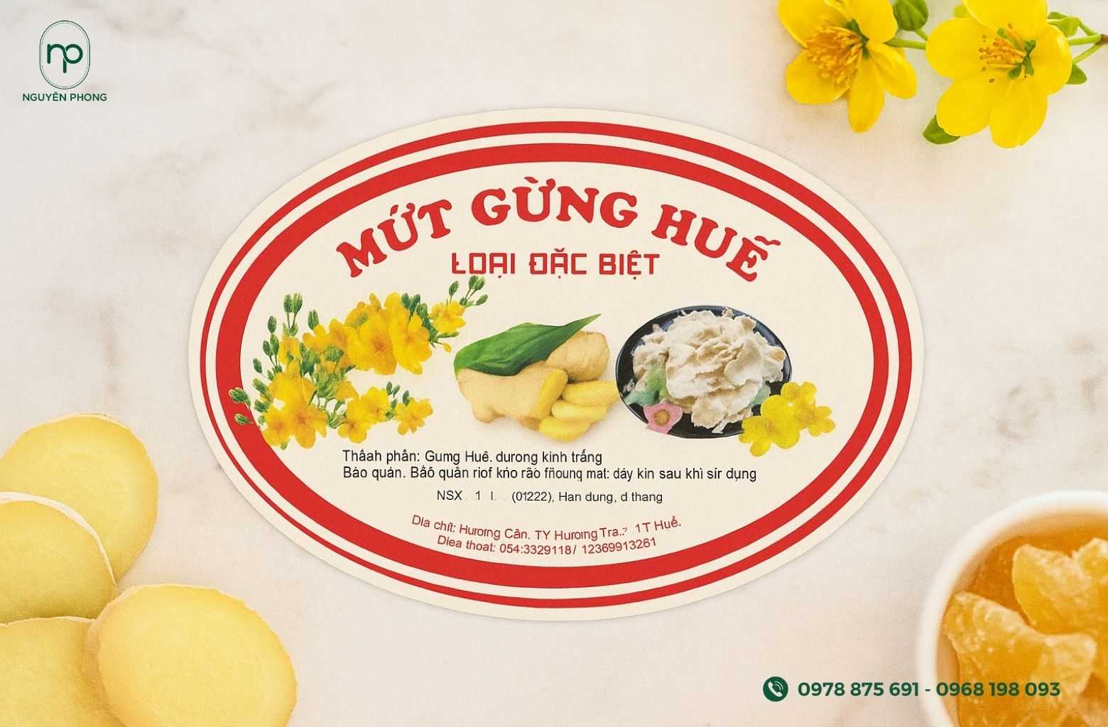 Tem nhãn mứt gừng Huế